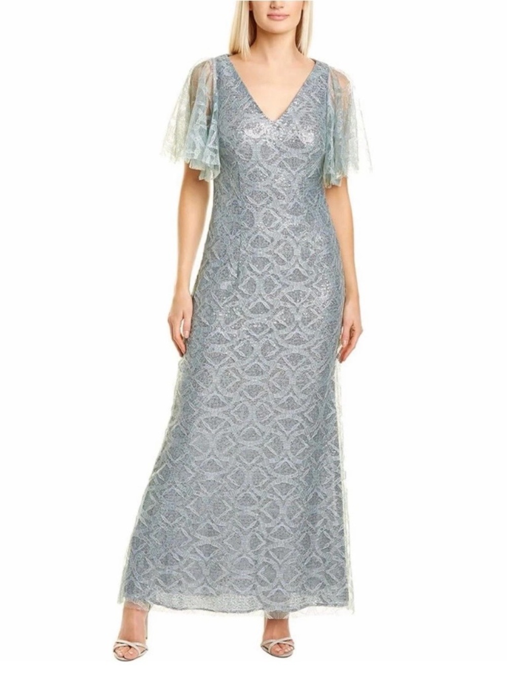 NWT JS Collections Sequin V-Neck Cape Gown Metallic Lace Light Blue Formal Dress